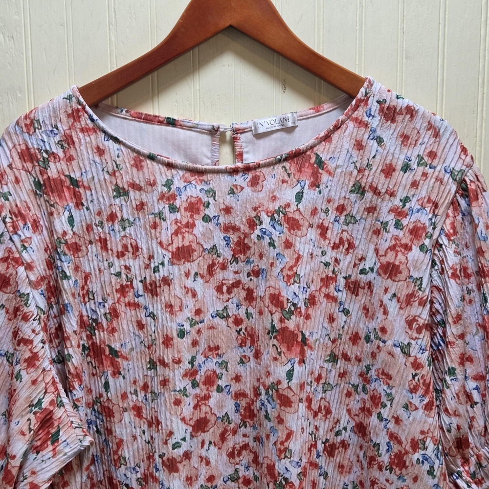 IN'VOLAND Blouse Womens 22W Pink‎ Floral Pleated Short Puff Sleeve Tunic Top